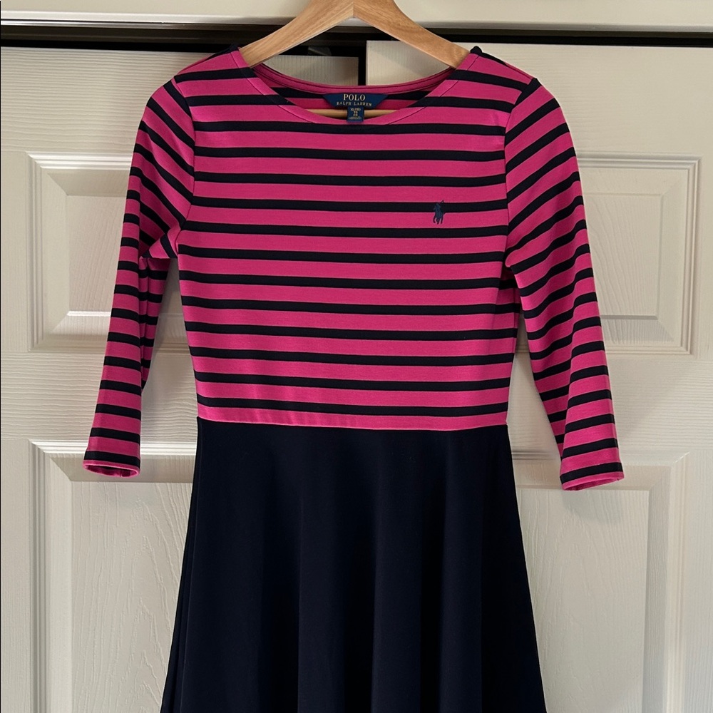 Polo Ralph Lauren Girls Preppy Fuchsia and Navy Striped Ponte Dress Size XL(16)